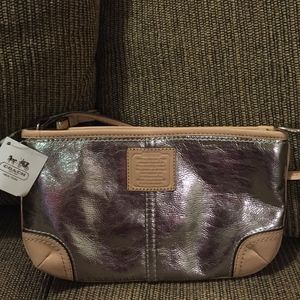 Coach silver and tan leather wristlet NWT